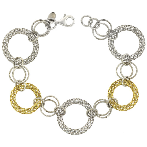 Sterling Silver Italian Round Filigree Wire Mandala Linked Bracelets Diamond Cut Yellow Gold Finish, 1 inch (23 mm) wide