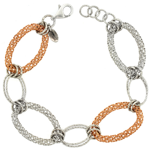 Sterling Silver Italian Oval Filigree Wire Mandala Linked Bracelets Diamond Cut Rose Gold Finish, 3/4 inch (20 mm) wide