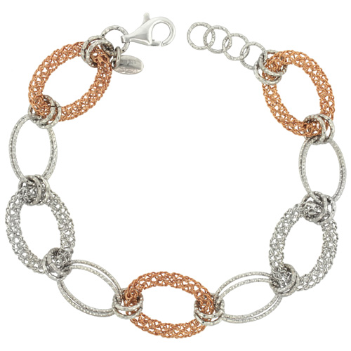 Sterling Silver Italian Oval Filigree Wire Mandala Linked Bracelets Diamond Cut Rose Gold Finish, 5/8 inch (16 mm) wide