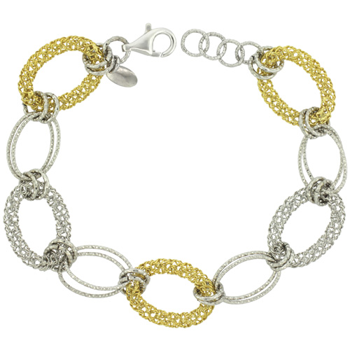Sterling Silver Italian Oval Filigree Wire Mandala Linked Bracelets Diamond Cut Yellow Gold Finish, 5/8 inch (16 mm) wide