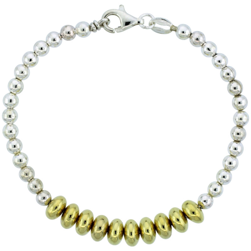 Sterling Silver Saucer Bead Bracelet w/ Gold Finish (Available in 7 in. & 8 in.), 1/4 in. (7 mm) wide