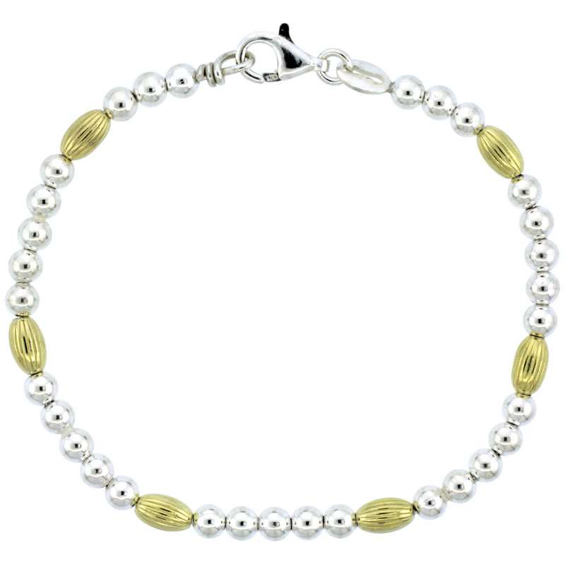 Sterling Silver Corrugated Bead Bracelet w/ Gold Finish (Available in 7 in. & 8 in.), 3/16 in. (4 mm) wide