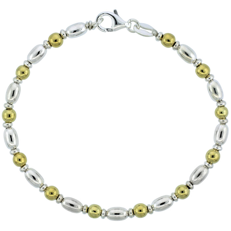 Sterling Silver Egg-shaped Oval Bead Bracelet w/ Gold Finish (Available in 7 in. & 8 in.), 5/32 in. (4 mm) wide
