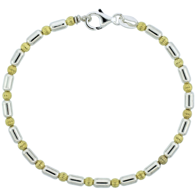 Sterling Silver Corrugated & Elongated Bead Bracelet w/ Gold Finish (Available in 7 in. & 8 in.), 1/8 in. (3 mm) wide