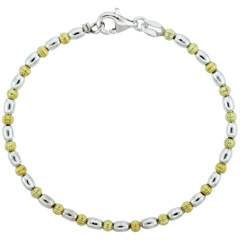 Sterling Silver Corrugated & Oval Bead Bracelet w/ Gold Finish (Available in 7 in. & 8 in.), 1/8 in. (3 mm) wide