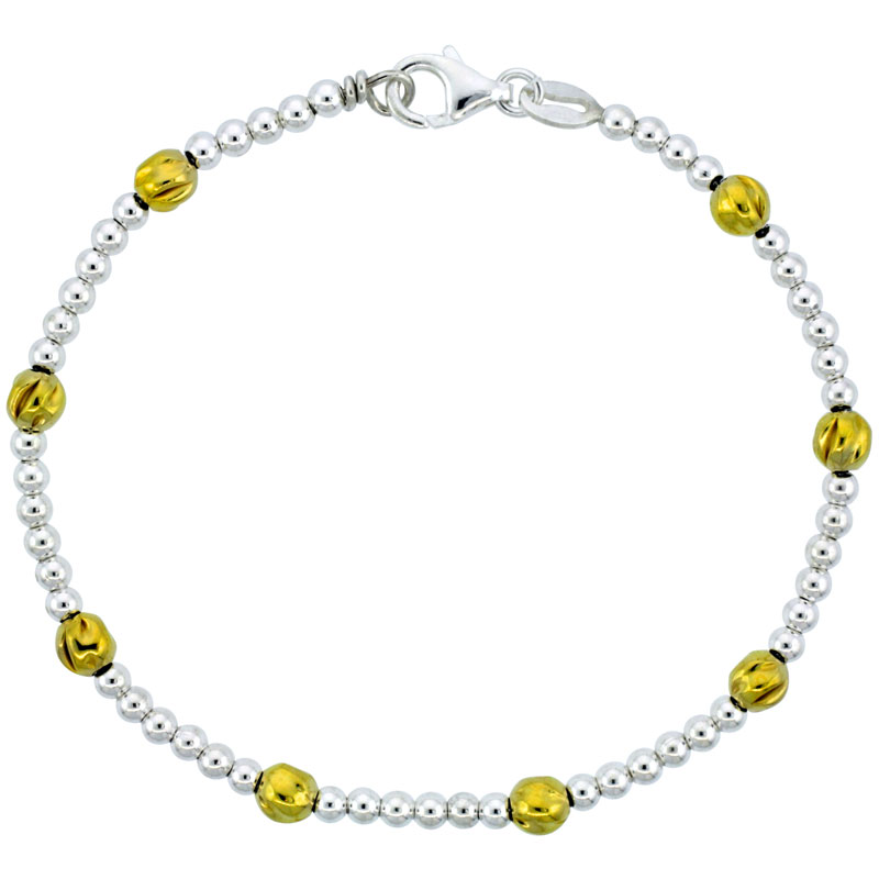 Sterling Silver Polished Bead Bracelet w/ Gold Finish (Available in 7 in. & 8 in.), 3/16 in. (5 mm) wide