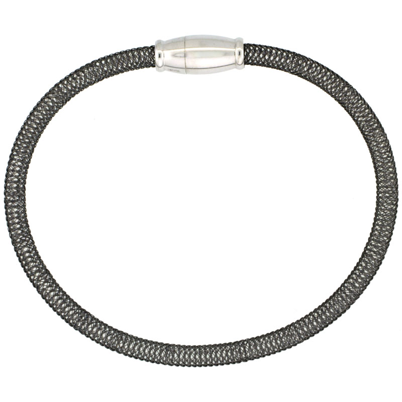 Sterling Silver Flexible Mesh Bangle Bracelet Magnetic Clasp Black Ruthenium Finish, 5/32 inch wide