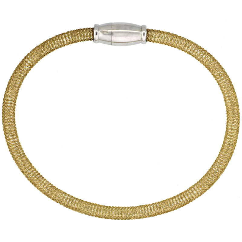 Sterling Silver Flexible Mesh Bangle Bracelet Magnetic Clasp Yellow Gold Finish, 5/32 inch wide