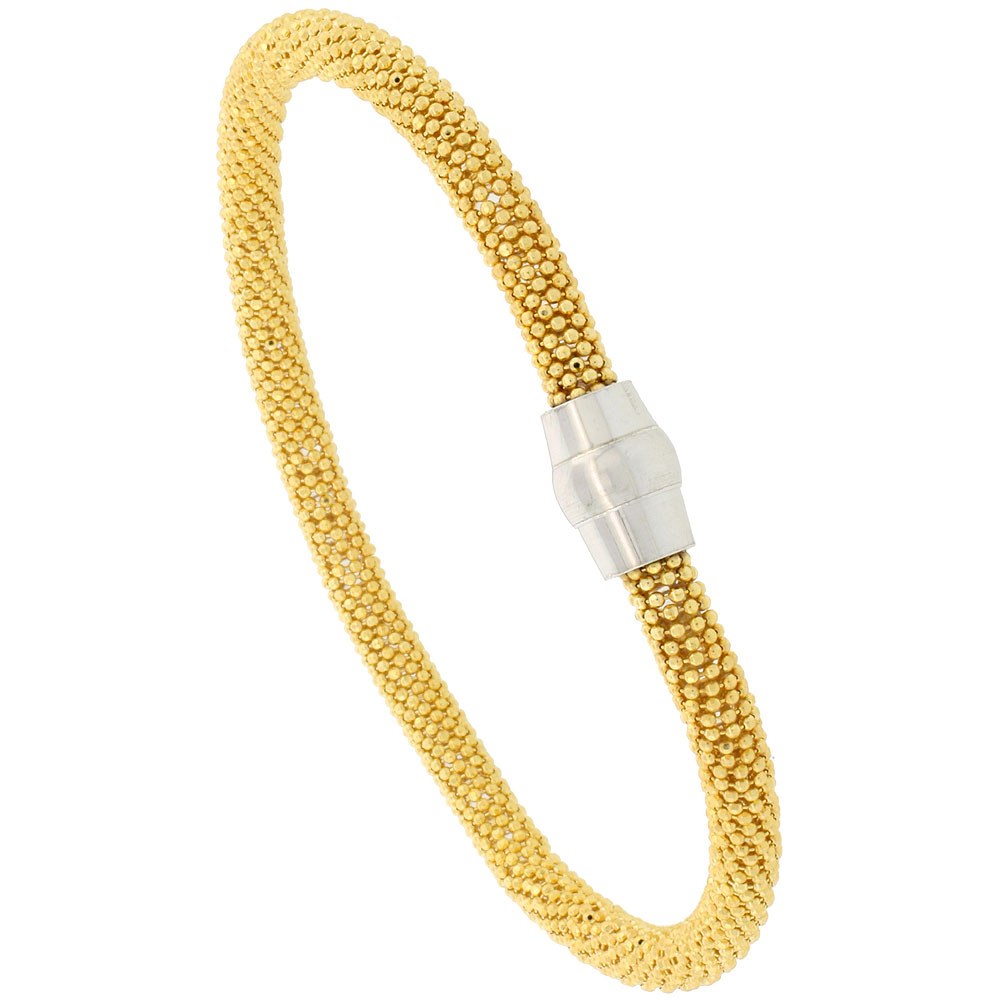 Sterling Silver 7 inch Flexible Beaded Bangle Bracelet Magnetic Clasp Yellow Gold Finish