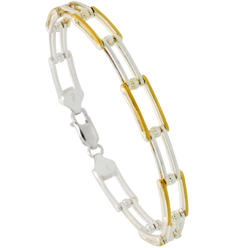 Sterling Silver Binario Bar Link Bracelet w/ Gold Finish (Available in 7 in. & 8 in.), 1/4 in. (7 mm) wide