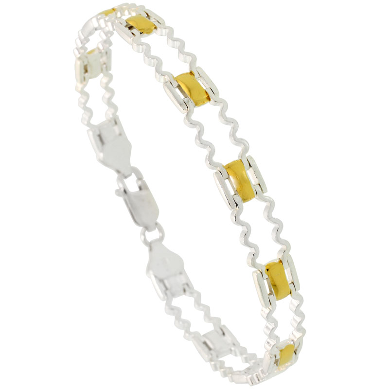 Sterling Silver Zigzag Bar Link Bracelet w/ Gold Finish (Available in 7 in. & 8 in.), 9/32 in. (7 mm) wide