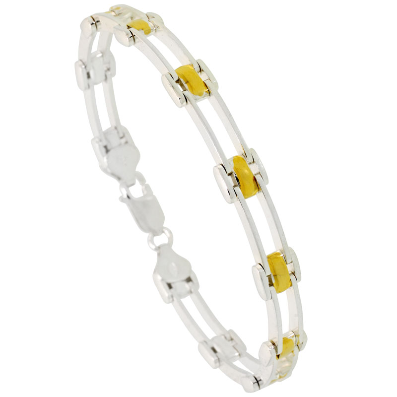 Sterling Silver Cut Out Bar Link Bracelet w/ Gold Finish (Available in 7 in. & 8 in.), 9/32 in. (7 mm) wide