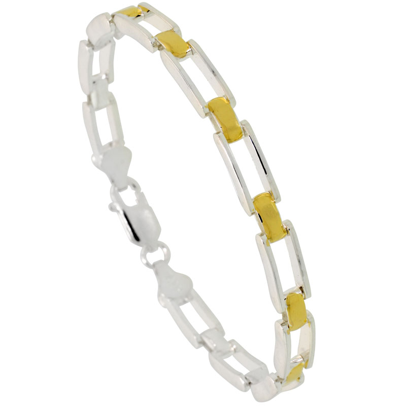 Sterling Silver Cut Out Bar Link Bracelet w/ Gold Finish (Available in 7 in. & 8 in.), 3/16 in. (5 mm) wide