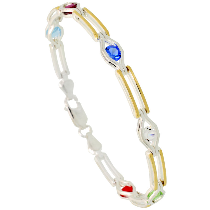 Sterling Silver Multi Color CZ Stone Bar Link Bracelet w/ Gold Finish (Available in 7 in. & 8 in.), 1/4 in. (6 mm) wide