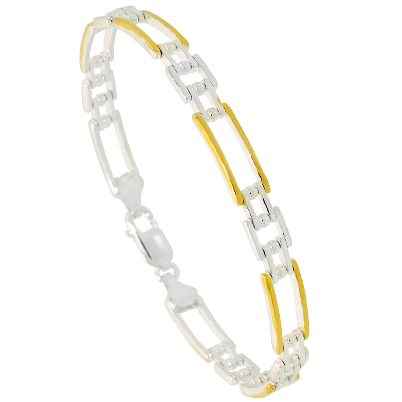 Sterling Silver Cut Out Bar Link Beaded Bracelet w/ Gold Finish (Available in 7 in. & 8 in.), 1/4 in. (6 mm) wide