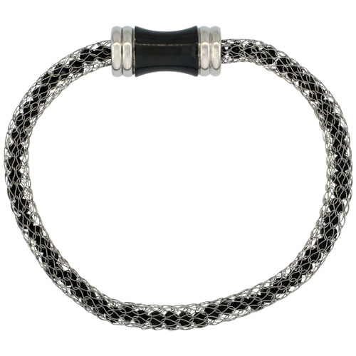 Stainless Steel Black Crystal Mesh Bracelet For Women Magnetic-clasp 7.5 inch long