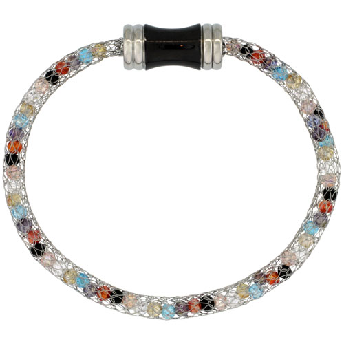 Stainless Steel Multi-color Crystal Mesh Bracelet For Women Magnetic-clasp 7.5 inch long