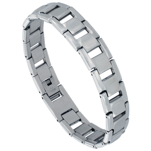 Stainless Steel Rectangular Bar Link Bracelet For Men Mirror Finish 1/2 inch wide, 8 inches long