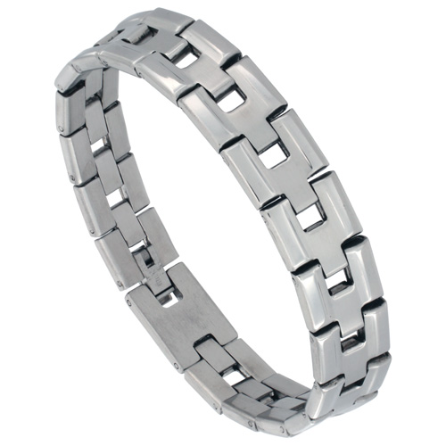 Stainless Steel Bar Link Bracelet For Men High Polish Sides 1/2 inch wide, 8 inches long