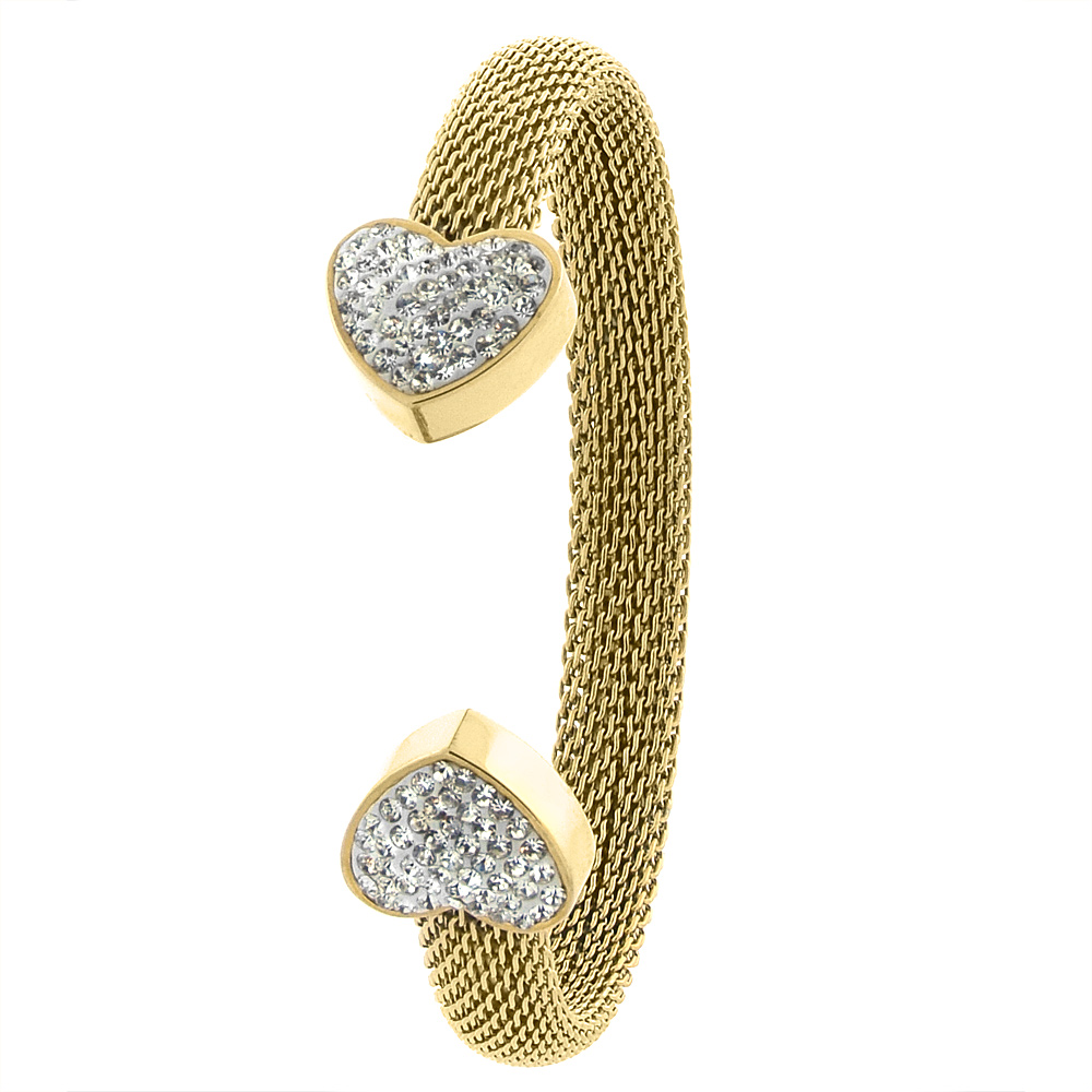 Stainless Steel Mesh Cuff Bracelet for Women CZ Heart Ends Gold Tone 8mm wide, fits 7 inch wrists