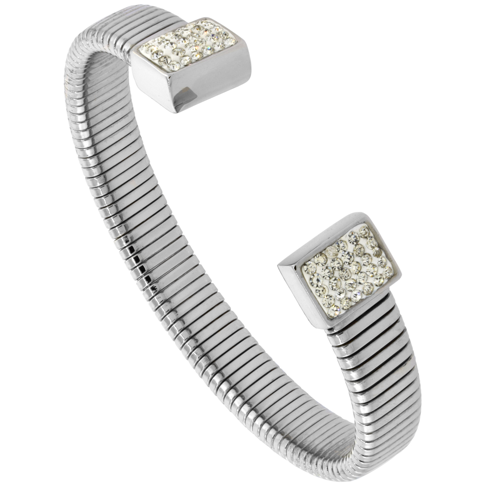 Stainless Steel Ribbed Cuff Bangle Bracelet CZ Rectangular Ends 10mm wide, fits 7 inch wrists
