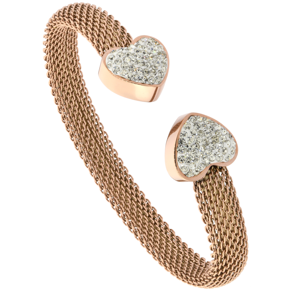 Stainless Steel Rose Gold Tone Mesh Cuff Bangle Bracelet CZ Heart Ends 8mm wide, fits 7 inch wrists