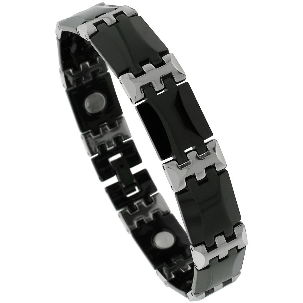 Tungsten & Ceramic Bracelet Magnetic Therapy, 2-Tone Black & Gun Metal Bar Links, 1/2 inch wide, 