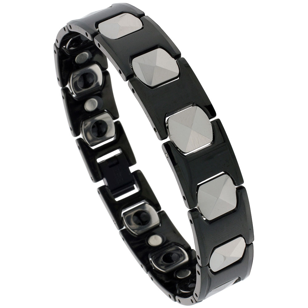 Tungsten & Ceramic Bracelet Magnetic Therapy, 2-Tone Black & Gun Metal Triangular Faceted Cushion Links, 1/2 inch wide, 