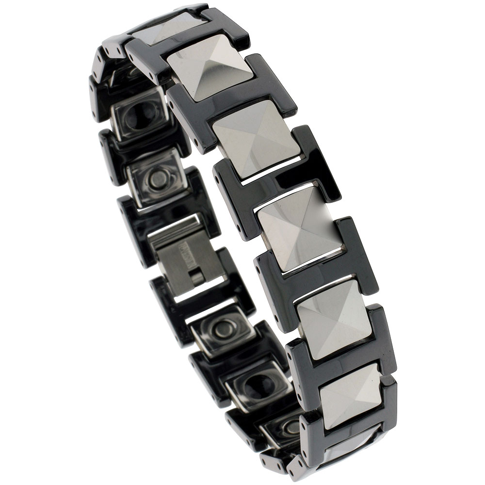Tungsten & Ceramic Bracelet Magnetic Therapy, 2-Tone Black Faceted Links, 7/16 inch wide, 