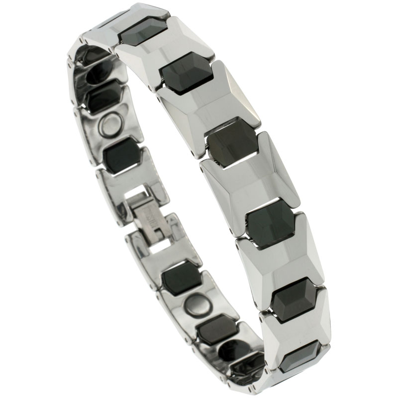 Tungsten Carbide Bracelet Magnetic Therapy, 2-Tone Gun Metal & Black Faceted Cushion Links, 1/2 inch wide, 
