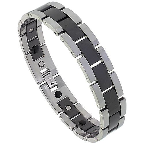 Tungsten Carbide Bracelet Magnetic Therapy 2-Tone Gun Metal & Black Bar Links, 9/16 inch wide