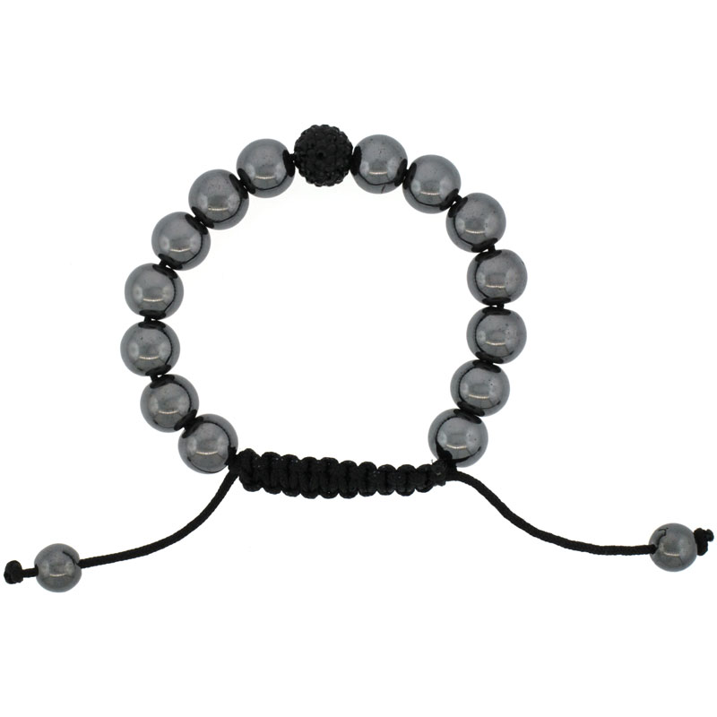 Adjustable Unisex Hematite Macrame Bead Bracelet w/ Black Crystal Disco Ball, 3/8 in. (10 mm) wide