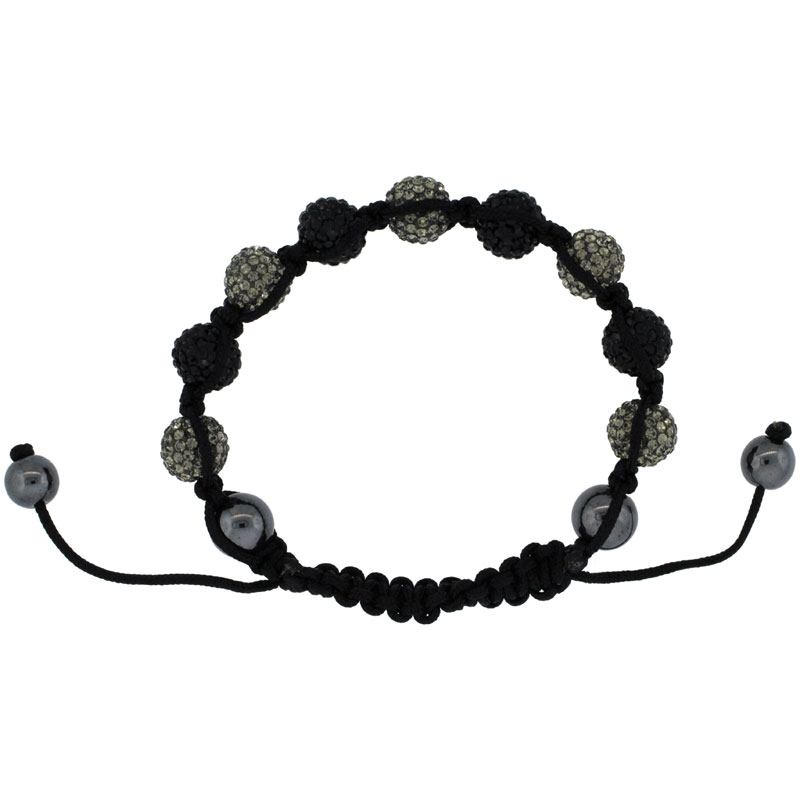 Gray & Black Color Crystal Disco Ball Adjustable Unisex Macrame Bead Bracelet w/ Hematite Beads, 3/8 in. (10 mm) wide