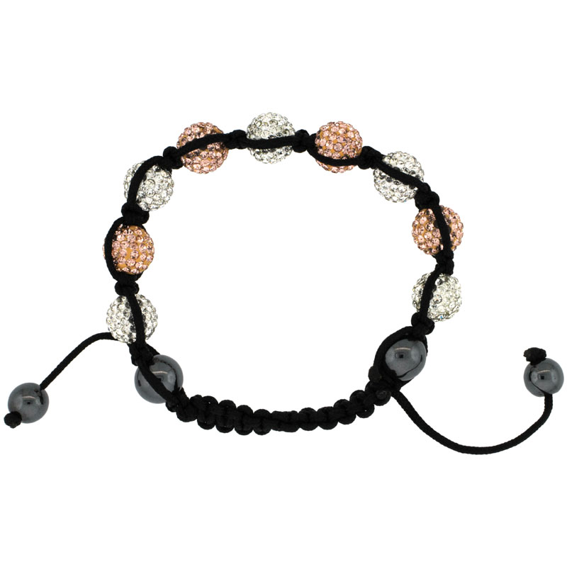 Peach & White Color Crystal Disco Ball Adjustable Unisex Macrame Bead Bracelet w/ Hematite Beads, 3/8 in. (10 mm) wide