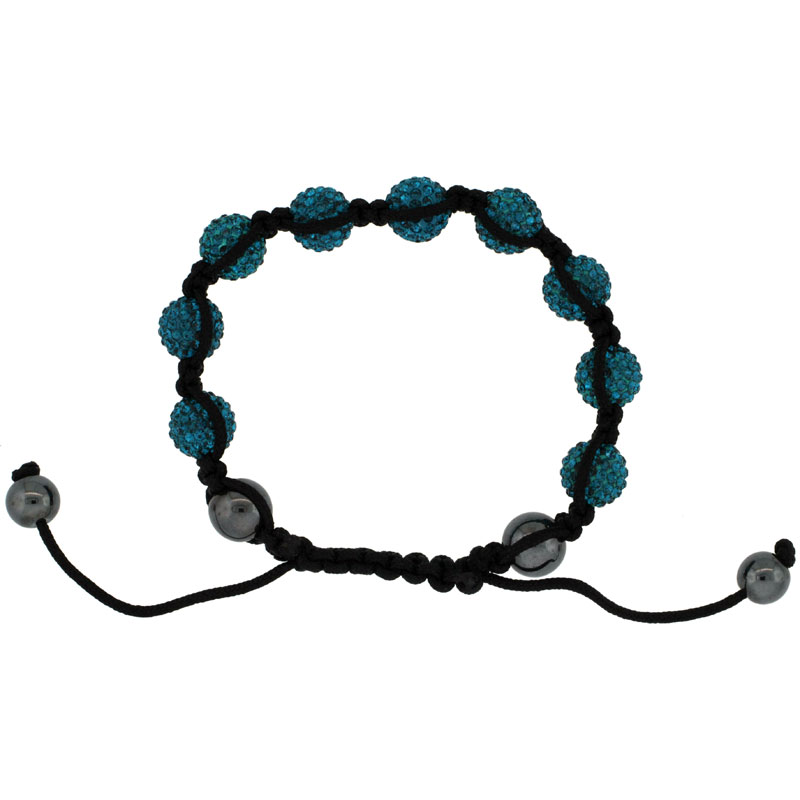 Blue-Green Color Crystal Disco Ball Adjustable Unisex Macrame Bead Bracelet w/ Hematite Beads, 3/8 in. (10 mm) wide