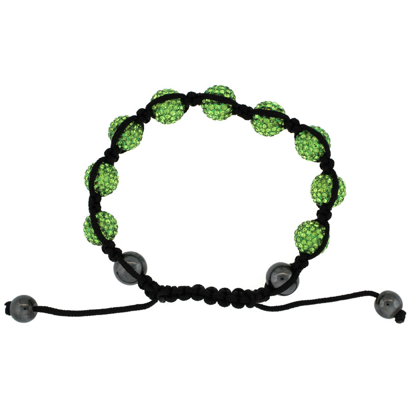 Yellow-Green Color Crystal Disco Ball Adjustable Unisex Macrame Bead Bracelet w/ Hematite Beads, 3/8 in. (10 mm) wide