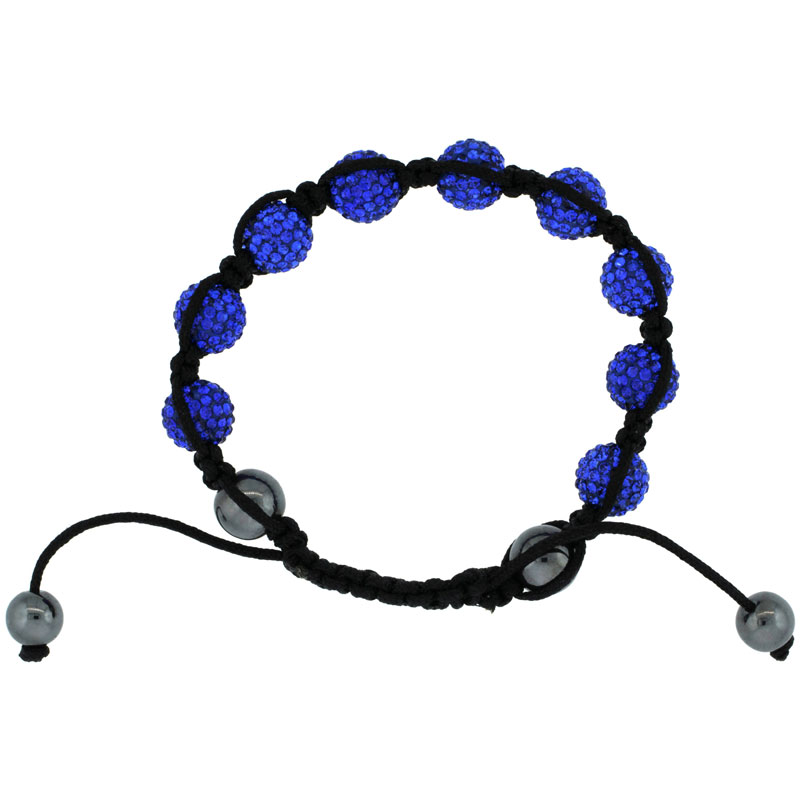 Blue Sapphire Color Crystal Disco Ball Adjustable Unisex Macrame Bead Bracelet w/ Hematite Beads, 3/8 in. (10 mm) wide