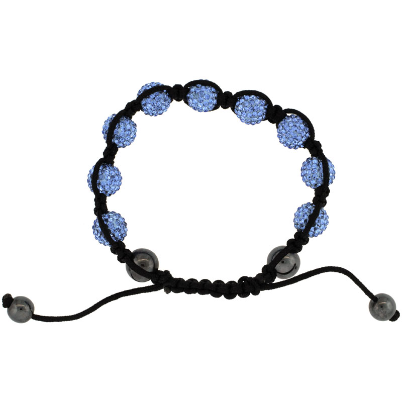 Blue Topaz Color Crystal Disco Ball Adjustable Unisex Macrame Bead Bracelet w/ Hematite Beads, 3/8 in. (10 mm) wide