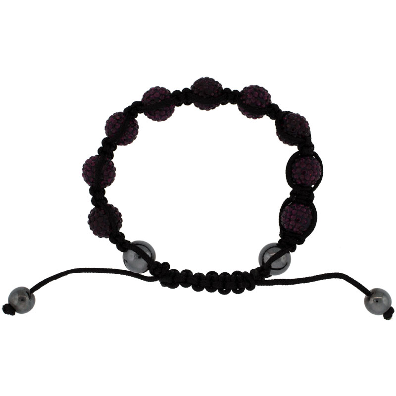 Purple Amethyst Color Crystal Disco Ball Adjustable Unisex Macrame Bead Bracelet w/ Hematite Beads, 3/8 in. (10 mm) wide