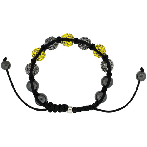 Black & Yellow Color Crystal Disco Ball Adjustable Unisex Macrame Bead Bracelet w/ Hematite Beads, 1/2 in. (12.5 mm) wide