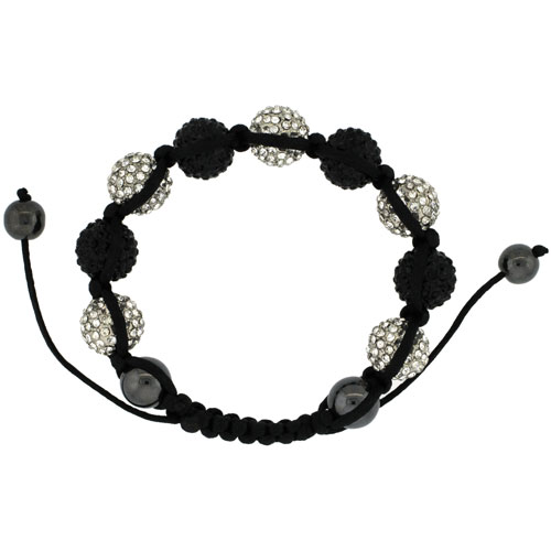 White & Black Color Crystal Disco Ball Adjustable Unisex Macrame Bead Bracelet w/ Hematite Beads, 1/2 in. (12.5 mm) wide