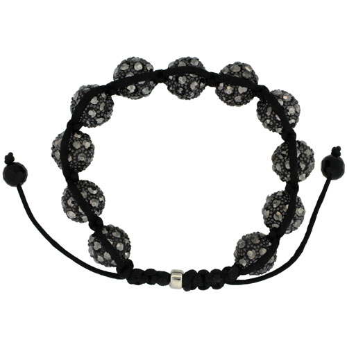 Black Crystal Disco Ball Adjustable Unisex Macrame Bead Bracelet w/ Hematite Beads, 1/2 in. (12.5 mm) wide