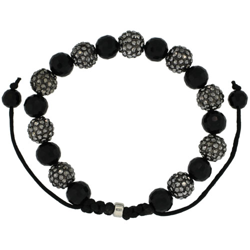 Black Crystal Disco Ball Adjustable Unisex Macrame Bead Bracelet w/ Faceted Black Beads, 3/8 in. (10 mm) wide