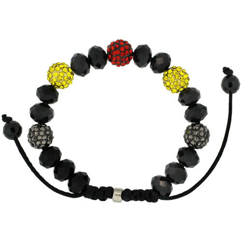 Multi Color Crystal Disco Ball Adjustable Unisex Macrame Bead Bracelet w/ Faceted Black Beads, 3/8 in. (10 mm) wide