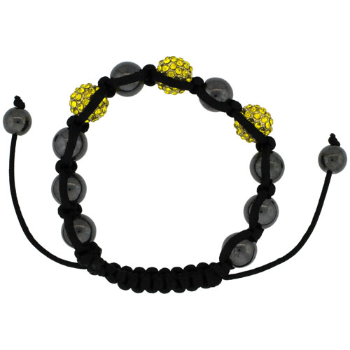 Yellow Color Crystal Disco Ball Adjustable Unisex Macrame Bead Bracelet w/ Hematite Beads, 3/8 in. (10 mm) wide