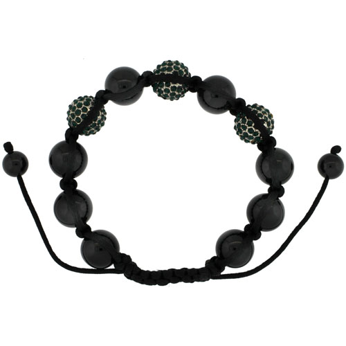 Emerald Green Color Crystal Disco Ball Adjustable Unisex Macrame Bead Bracelet w/ Hematite Beads, 1/2 in. (12.5 mm) wide