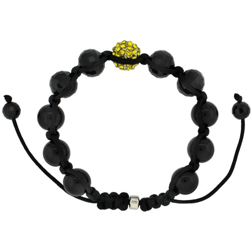 Yellow Color Crystal Disco Ball Adjustable Unisex Macrame Bead Bracelet w/ Hematite Beads, 1/2 in. (12.5 mm) wide