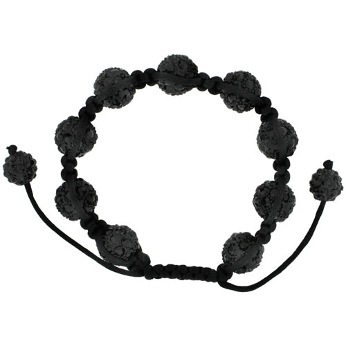 Black Crystal Disco Ball Adjustable Unisex Macrame Bead Bracelet 1/2 in. (12.5 mm) wide