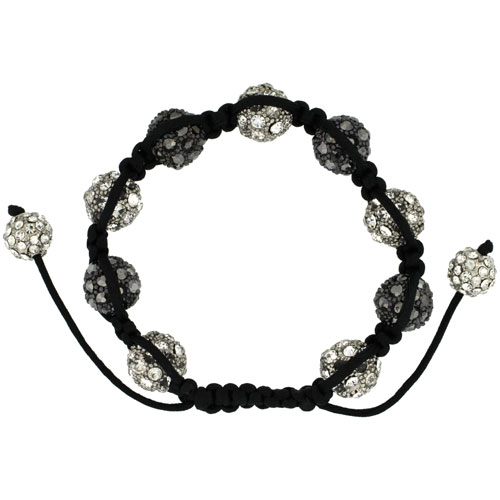 White & Black Crystal Disco Ball Adjustable Unisex Macrame Bead Bracelet 1/2 in. (12.5 mm) wide