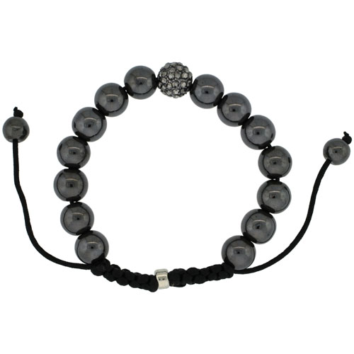 Crystal Disco Ball Adjustable Unisex Macrame Bead Bracelet w/ Hematite Beads, 3/8 in. (10 mm) wide